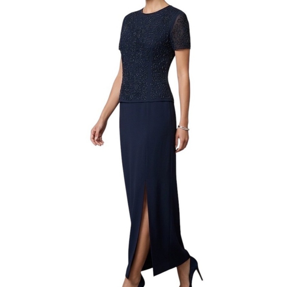 Liz Claiborne Night Navy Blue‎ Beaded Short Sleeve Maxi Column Gown Dress Slit